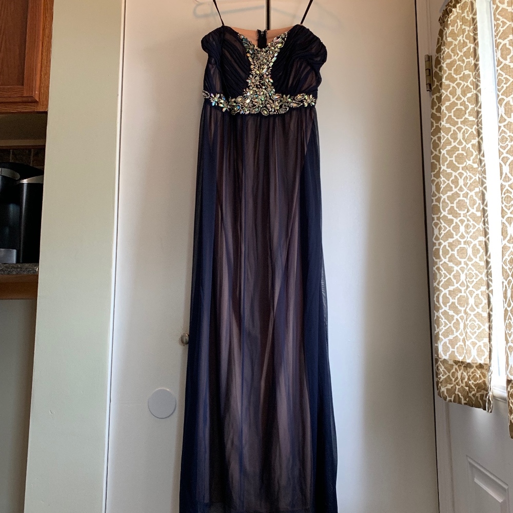 Navy, Strapless, Floor Length Beaded Formal Dress